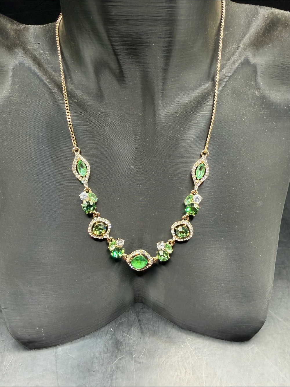 Authentic Givenchy Gold Tone Green Crystal Rhinestone Frontal Statement Necklace